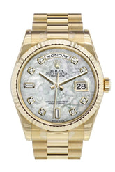Rolex Day-Date 36 White Mother-Of-Pearl Diamonds Dial Fluted Bezel President Yellow Gold Watch